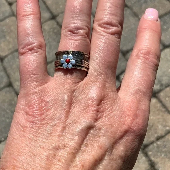 CORAL MEDITATION RING 925 STERLING SILVER RING, SIZE 6.5 - Picture 6 of 8